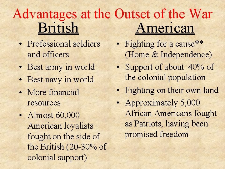 Advantages at the Outset of the War British American • Professional soldiers and officers