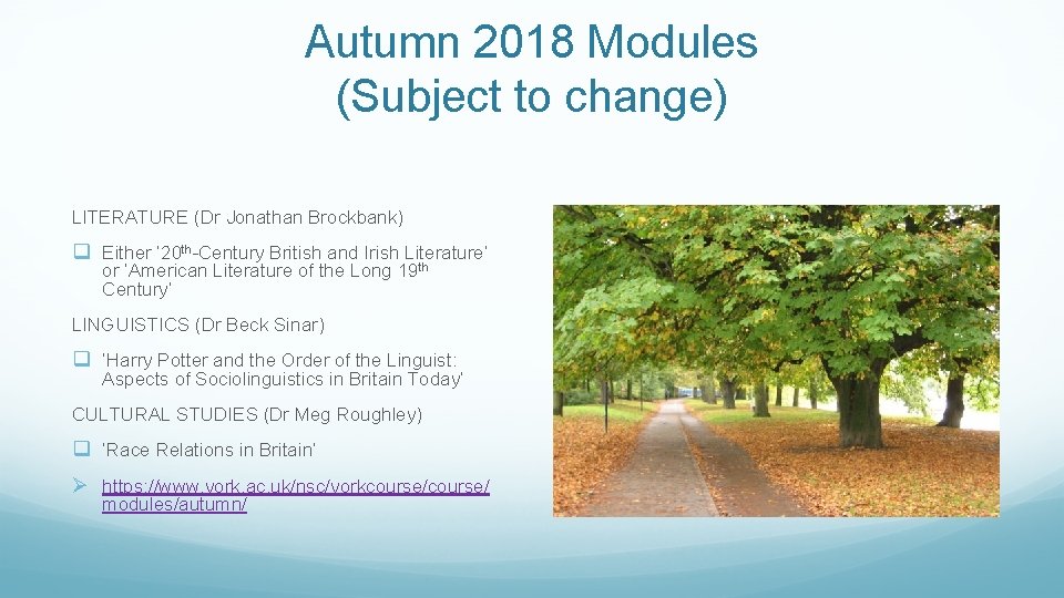 Autumn 2018 Modules (Subject to change) LITERATURE (Dr Jonathan Brockbank) q Either ’ 20