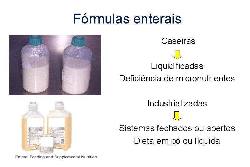 Fórmulas enterais Caseiras Liquidificadas Deficiência de micronutrientes Industrializadas Sistemas fechados ou abertos Dieta em