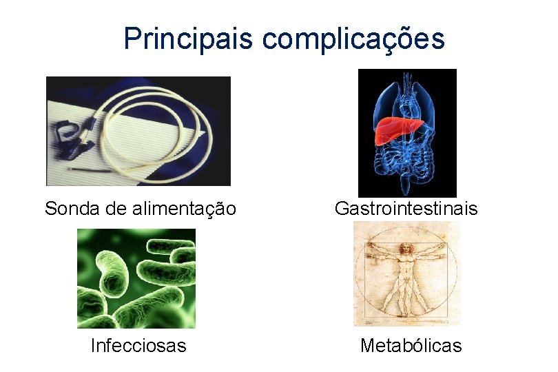 Principais complicações Sonda de alimentação Gastrointestinais Infecciosas Metabólicas 