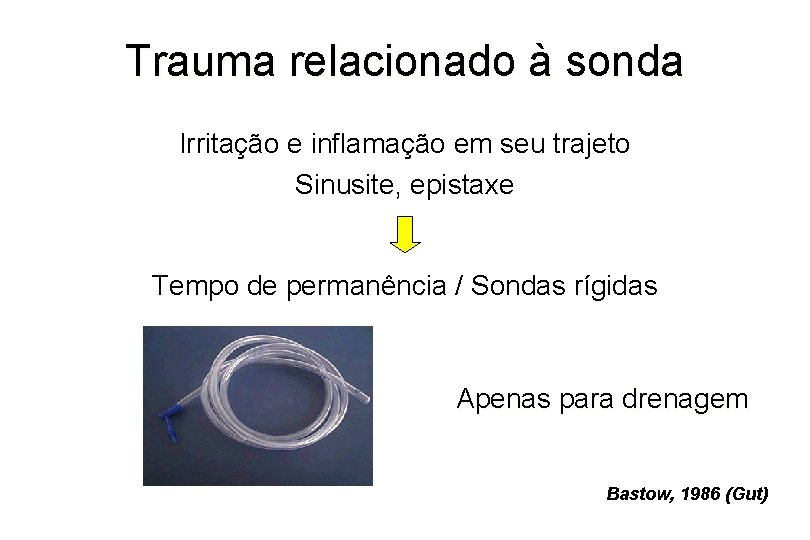 Trauma relacionado à sonda Irritação e inflamação em seu trajeto Sinusite, epistaxe Tempo de