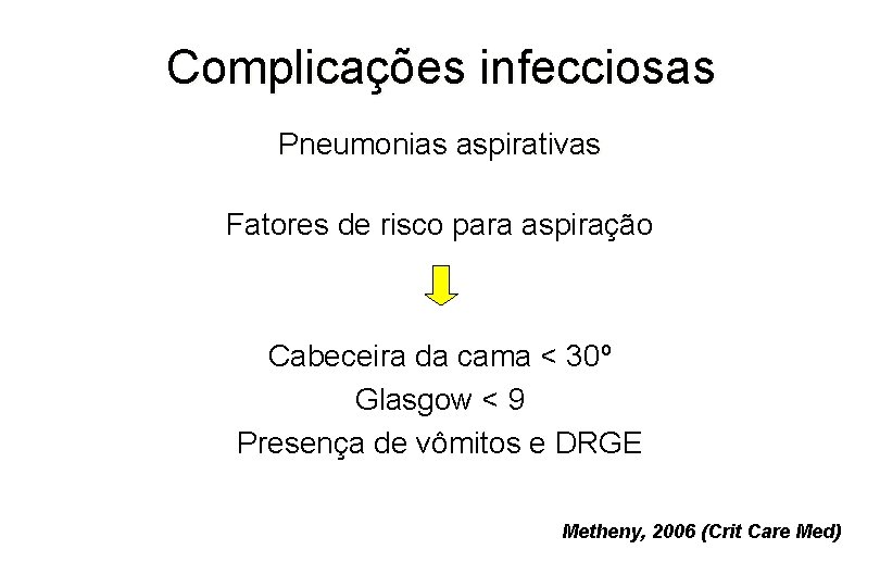 Complicações infecciosas Pneumonias aspirativas Fatores de risco para aspiração Cabeceira da cama < 30º