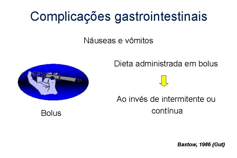 Complicações gastrointestinais Náuseas e vômitos Dieta administrada em bolus Bolus Ao invés de intermitente