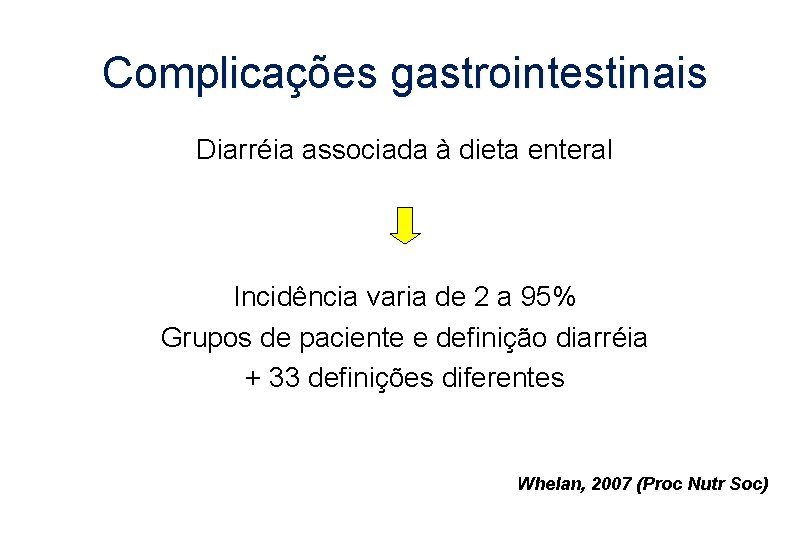 Complicações gastrointestinais Diarréia associada à dieta enteral Incidência varia de 2 a 95% Grupos