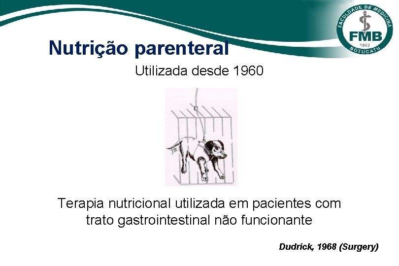 Nutrição parenteral Utilizada desde 1960 Terapia nutricional utilizada em pacientes com trato gastrointestinal não