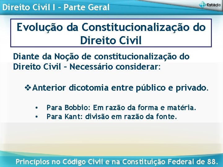 Direito Civil I – Parte Geral Evolução da Constitucionalização do Direito Civil Diante da