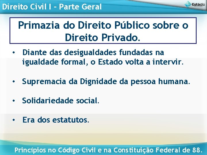 Direito Civil I – Parte Geral Primazia do Direito Público sobre o Direito Privado.