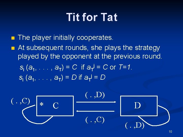 Tit for Tat n n The player initially cooperates. At subsequent rounds, she plays