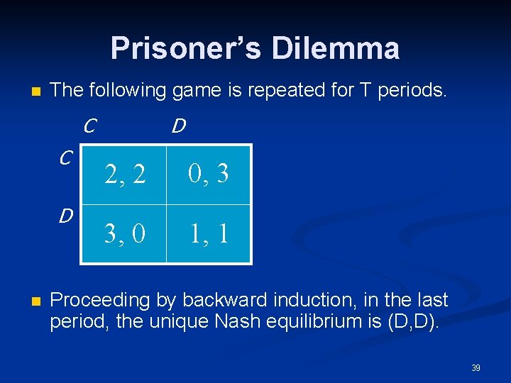 Prisoner’s Dilemma n The following game is repeated for T periods. C C D