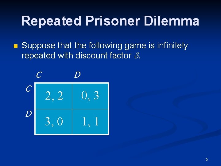 Repeated Prisoner Dilemma n Suppose that the following game is infinitely repeated with discount