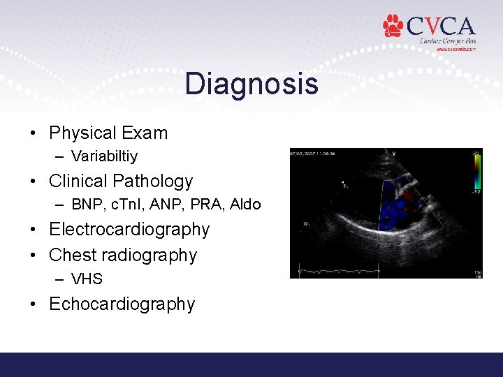 Diagnosis • Physical Exam – Variabiltiy • Clinical Pathology – BNP, c. Tn. I,