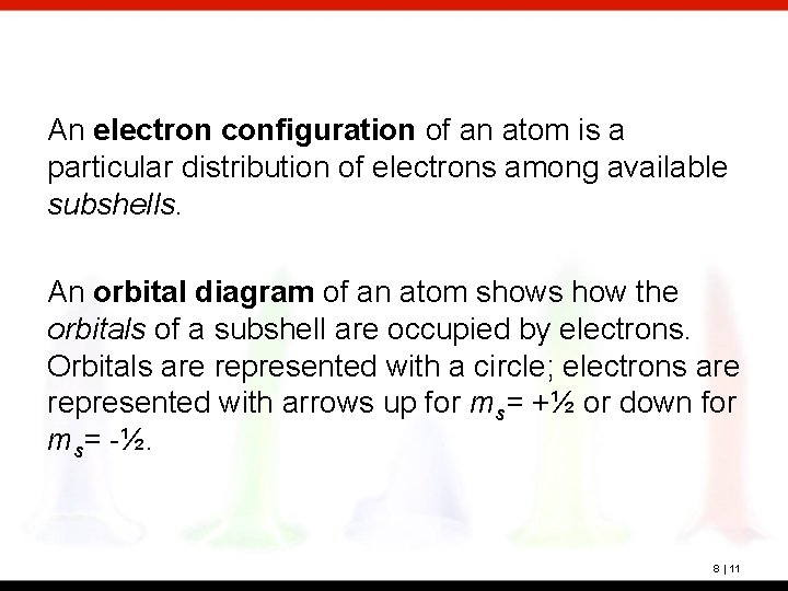 An electron configuration of an atom is a particular distribution of electrons among available