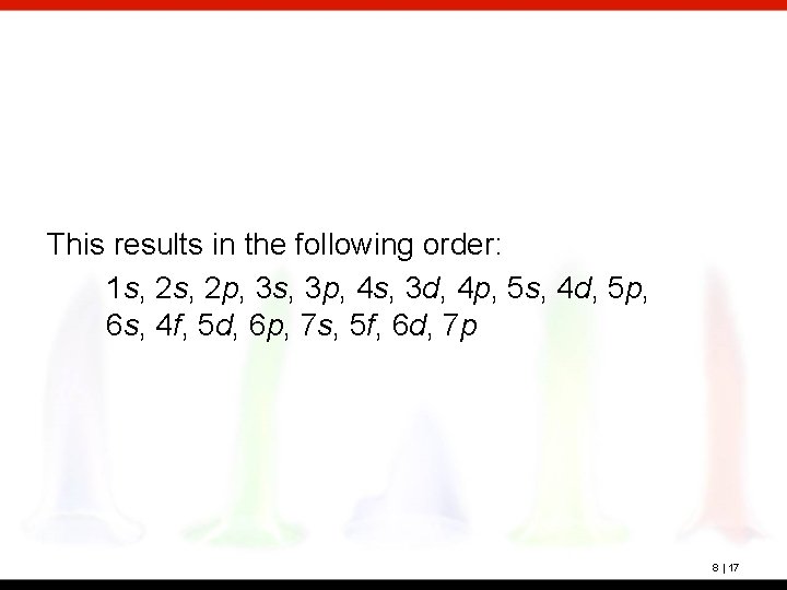 This results in the following order: 1 s, 2 p, 3 s, 3 p,