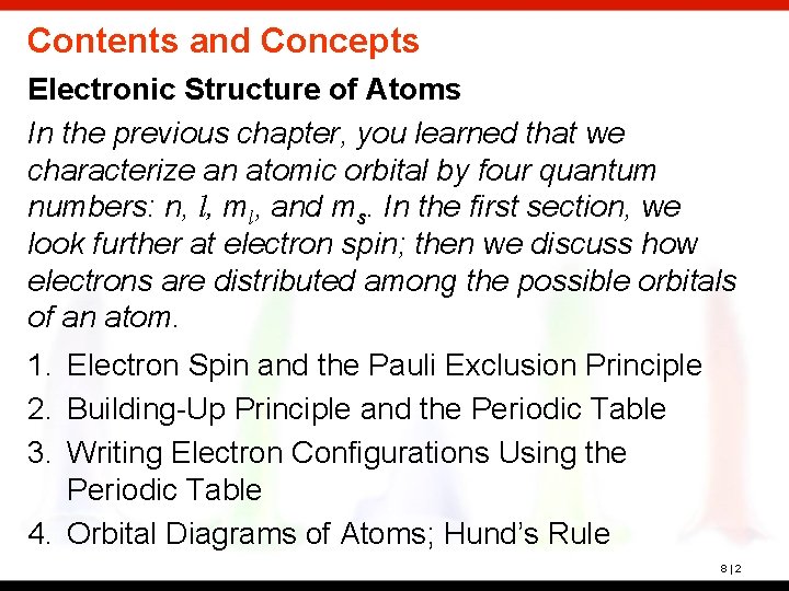 Contents and Concepts Electronic Structure of Atoms In the previous chapter, you learned that