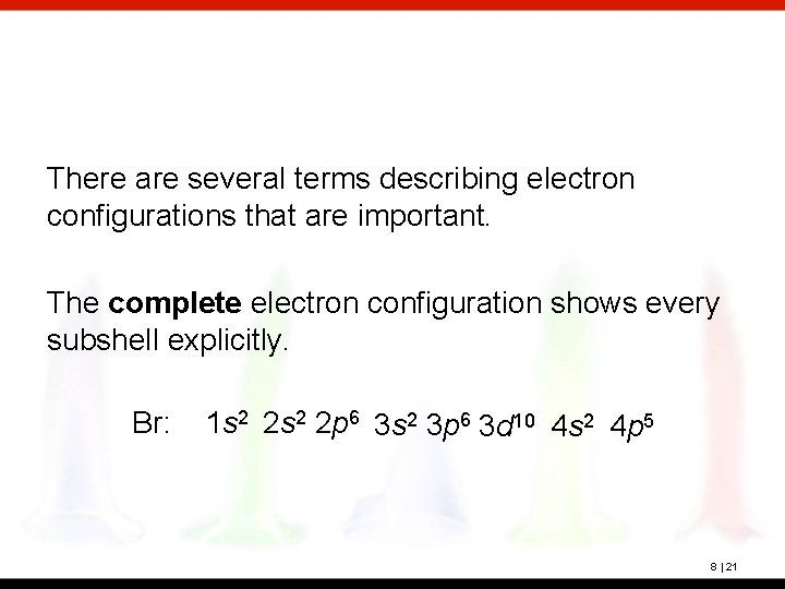 There are several terms describing electron configurations that are important. The complete electron configuration