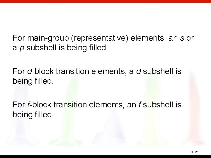 For main-group (representative) elements, an s or a p subshell is being filled. For