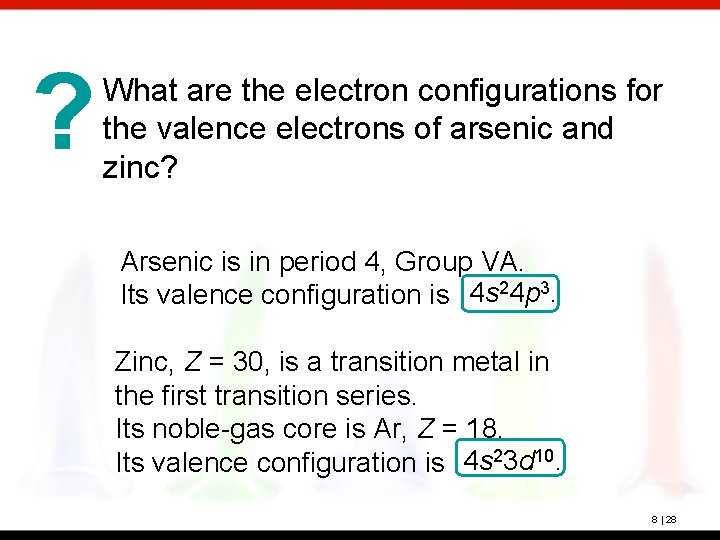 ? What are the electron configurations for the valence electrons of arsenic and zinc?