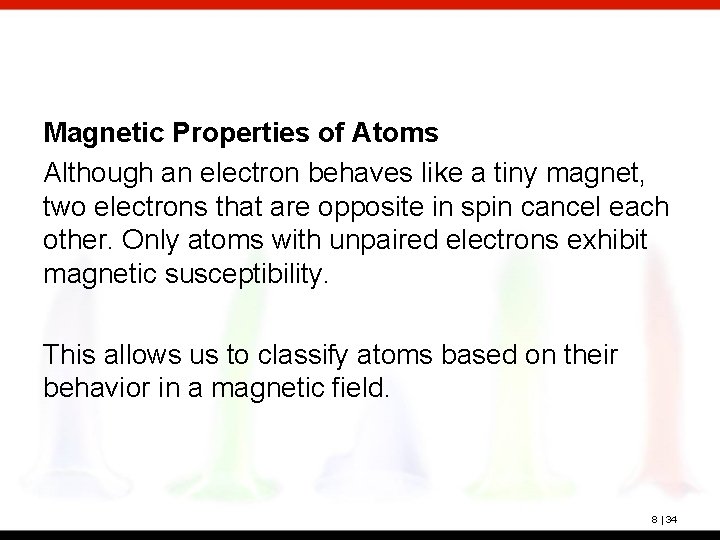 Magnetic Properties of Atoms Although an electron behaves like a tiny magnet, two electrons