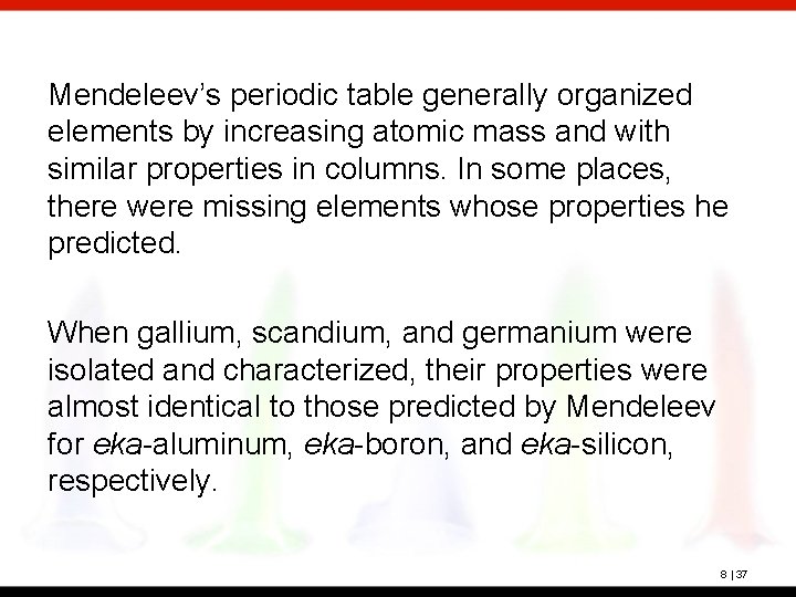 Mendeleev’s periodic table generally organized elements by increasing atomic mass and with similar properties