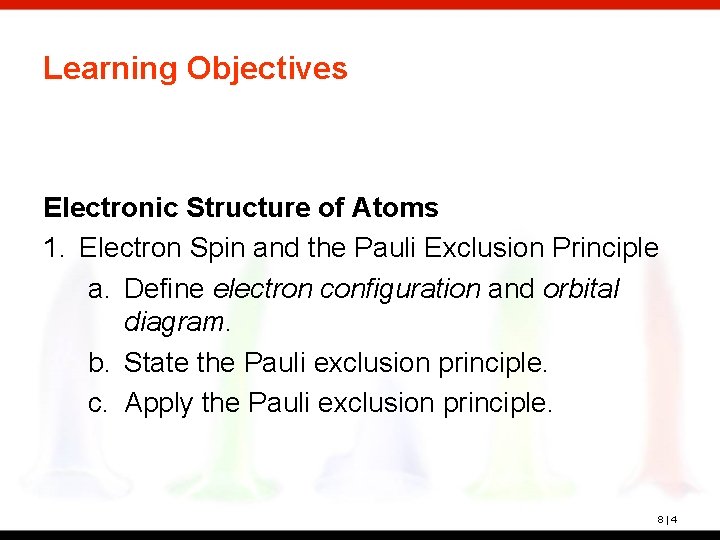 Learning Objectives Electronic Structure of Atoms 1. Electron Spin and the Pauli Exclusion Principle