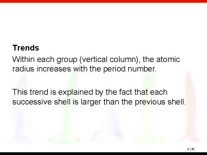 Trends Within each group (vertical column), the atomic radius increases with the period number.