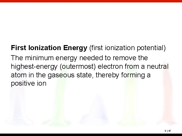 First Ionization Energy (first ionization potential) The minimum energy needed to remove the highest-energy