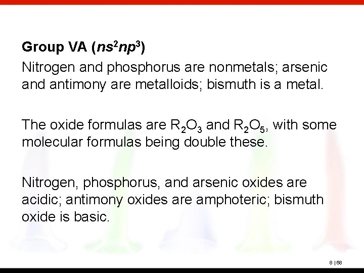 Group VA (ns 2 np 3) Nitrogen and phosphorus are nonmetals; arsenic and antimony