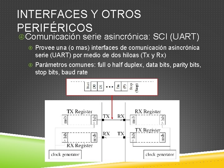 INTERFACES Y OTROS PERIFÉRICOS Comunicación serie asincrónica: SCI (UART) Provee una (o mas) interfaces