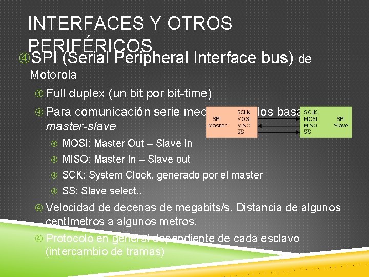 INTERFACES Y OTROS PERIFÉRICOS SPI (Serial Peripheral Interface bus) de Motorola Full duplex (un