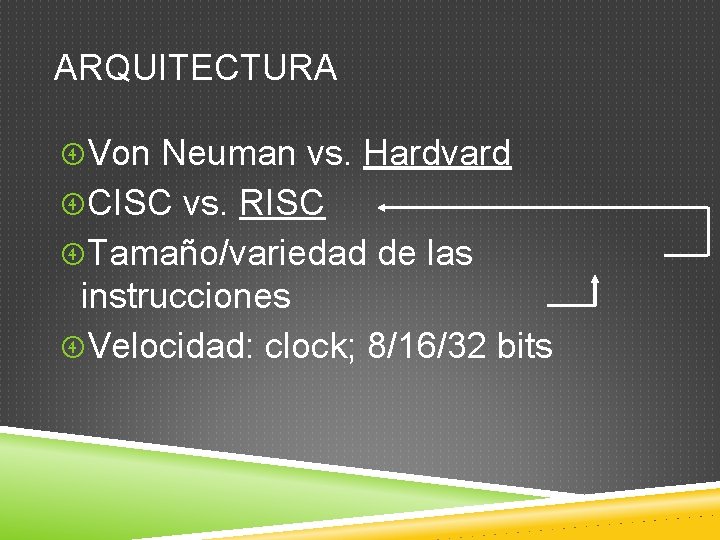 ARQUITECTURA Von Neuman vs. Hardvard CISC vs. RISC Tamaño/variedad de las instrucciones Velocidad: clock;