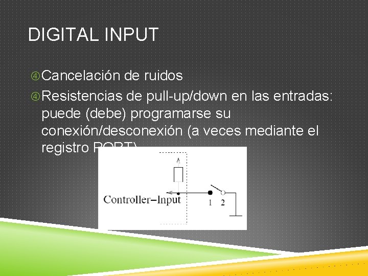 DIGITAL INPUT Cancelación de ruidos Resistencias de pull-up/down en las entradas: puede (debe) programarse