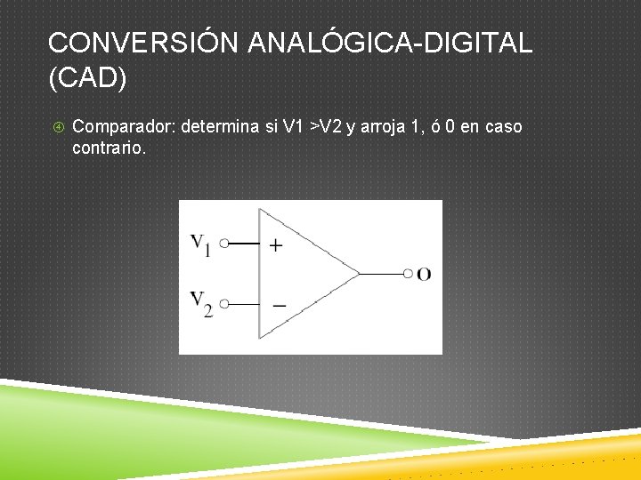 CONVERSIÓN ANALÓGICA-DIGITAL (CAD) Comparador: determina si V 1 >V 2 y arroja 1, ó