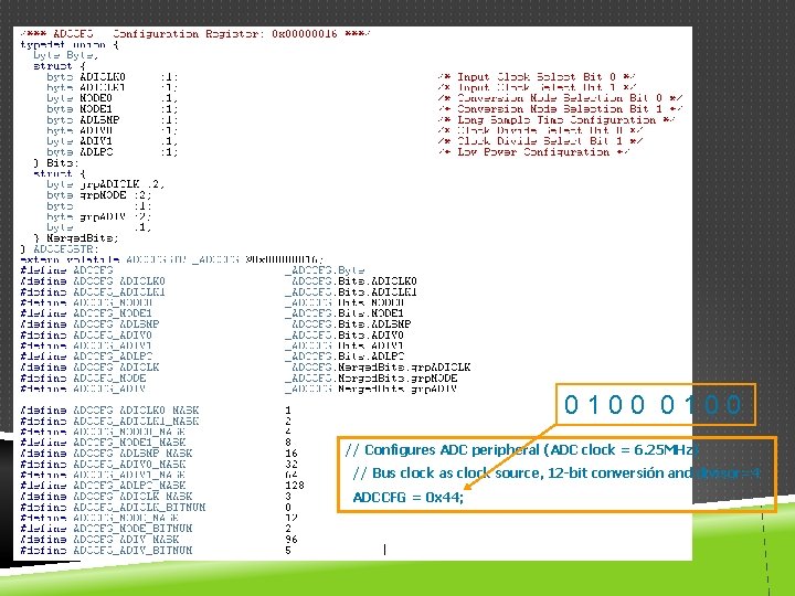 0100 // Configures ADC peripheral (ADC clock = 6. 25 MHz) // Bus clock