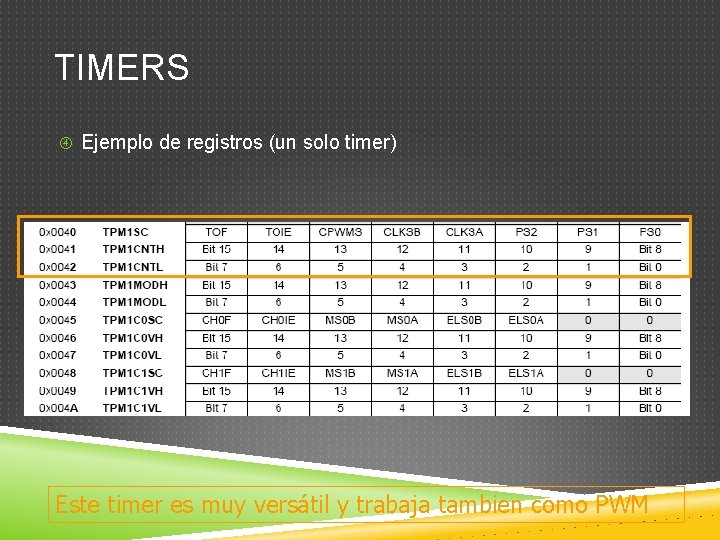 TIMERS Ejemplo de registros (un solo timer) Este timer es muy versátil y trabaja