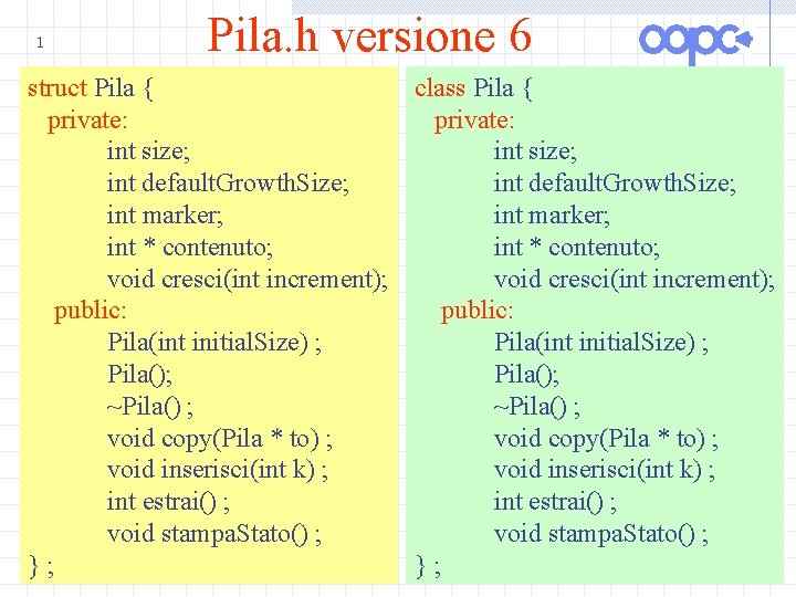 1 Pila. h versione 6 struct Pila { class Pila { private: int size;
