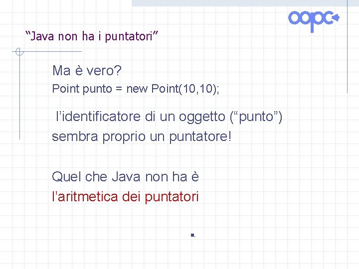 “Java non ha i puntatori” Ma è vero? Point punto = new Point(10, 10);