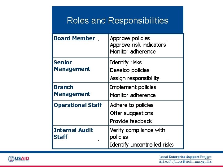 Roles and Responsibilities Board Member Approve policies Approve risk indicators Monitor adherence Senior Management