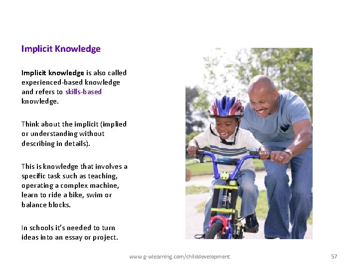 Implicit Knowledge Implicit knowledge is also called experienced-based knowledge and refers to skills-based knowledge. Implicit Knowledge Implicit knowledge is also called experienced-based knowledge and refers to skills-based knowledge.