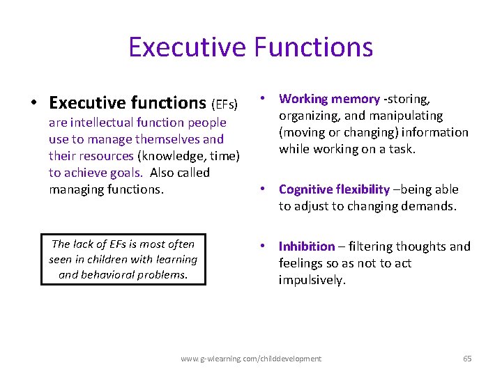 Executive Functions • Executive functions (EFs) are intellectual function people use to manage themselves Executive Functions • Executive functions (EFs) are intellectual function people use to manage themselves