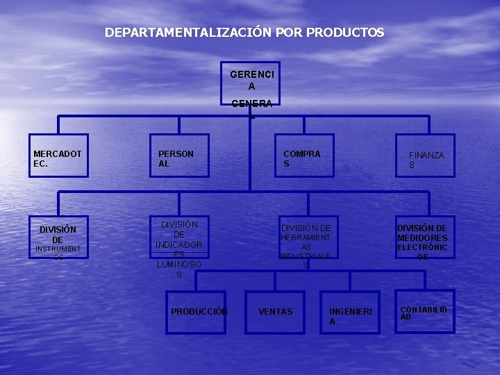 DEPARTAMENTALIZACIÓN POR PRODUCTOS GERENCI A GENERA L MERCADOT EC. DIVISIÓN DE INSTRUMENT OS PERSON