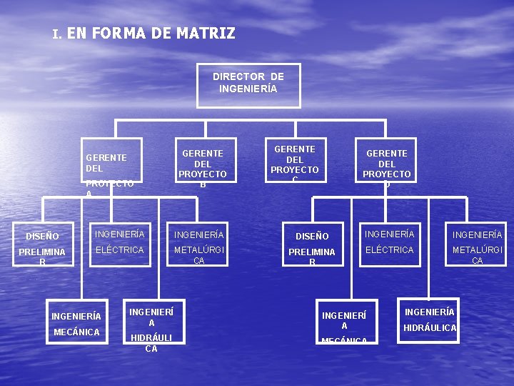 I. EN FORMA DE MATRIZ DIRECTOR DE INGENIERÍA GERENTE DEL PROYECTO B GERENTE DEL