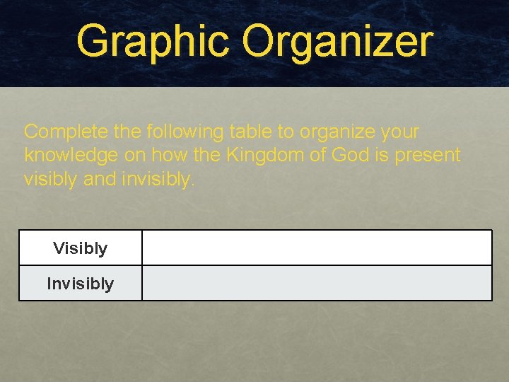 Graphic Organizer Complete the following table to organize your knowledge on how the Kingdom