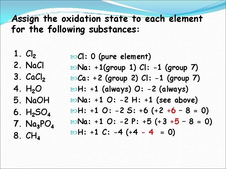 Assign the oxidation state to each element for the following substances: 1. 2. 3.