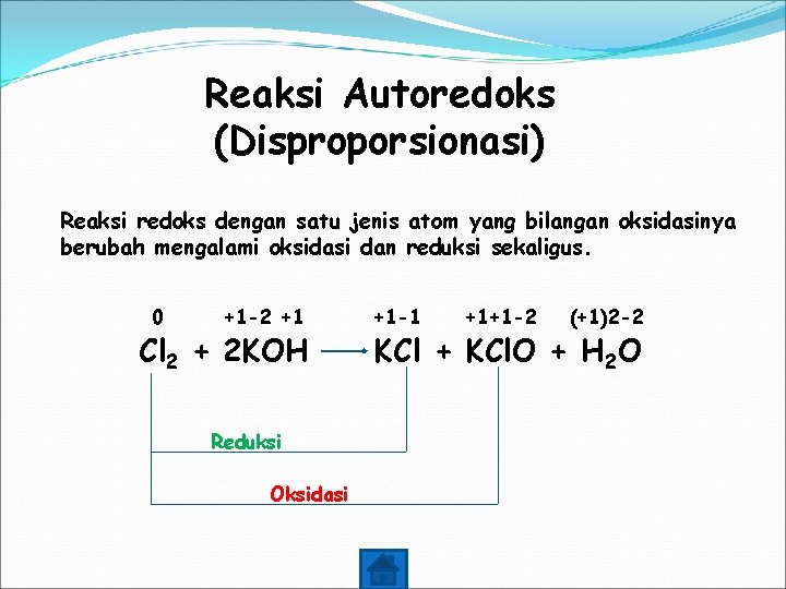 Reaksi Autoredoks (Disproporsionasi) Reaksi redoks dengan satu jenis atom yang bilangan oksidasinya berubah mengalami
