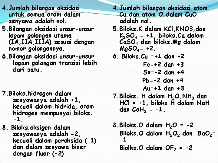 4. Jumlah bilangan oksidasi untuk semua atom dalam senyawa adalah nol. 5. Bilangan oksidasi