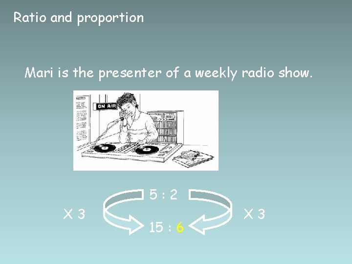 Ratio and proportion Mari is the presenter of a weekly radio show. 5: 2