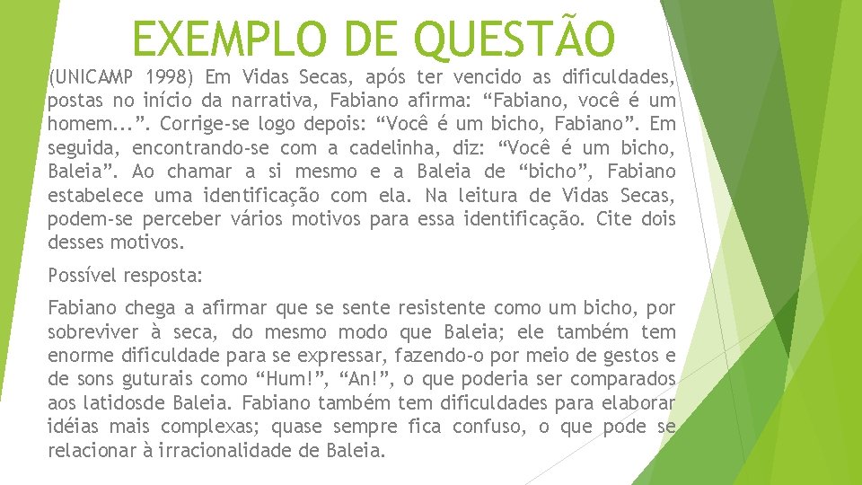 EXEMPLO DE QUESTÃO (UNICAMP 1998) Em Vidas Secas, após ter vencido as dificuldades, postas EXEMPLO DE QUESTÃO (UNICAMP 1998) Em Vidas Secas, após ter vencido as dificuldades, postas