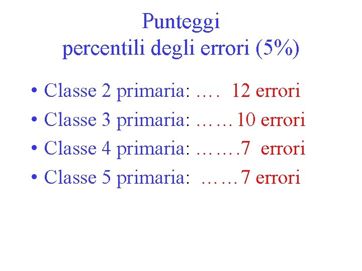 Punteggi percentili degli errori (5%) • • Classe 2 primaria: …. 12 errori Classe