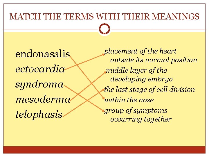 MATCH THE TERMS WITH THEIR MEANINGS endonasalis ectocardia syndroma mesoderma telophasis placement of the MATCH THE TERMS WITH THEIR MEANINGS endonasalis ectocardia syndroma mesoderma telophasis placement of the