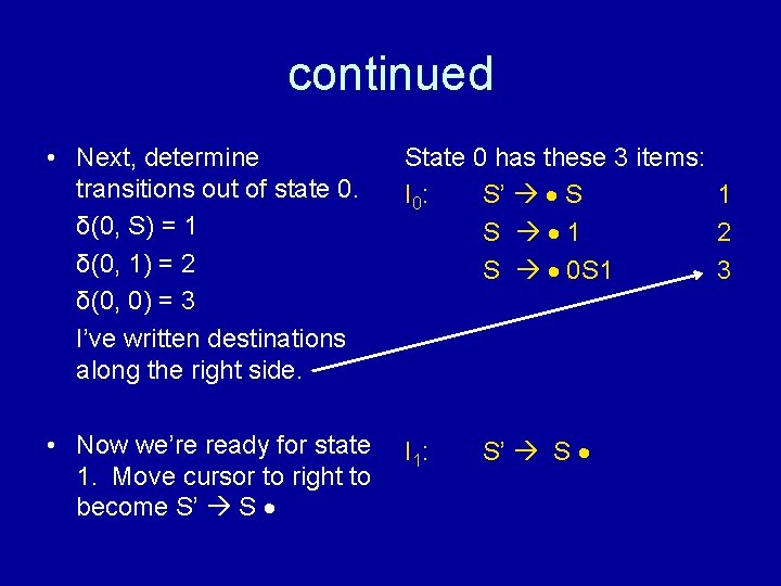 continued • Next, determine transitions out of state 0. δ(0, S) = 1 δ(0,